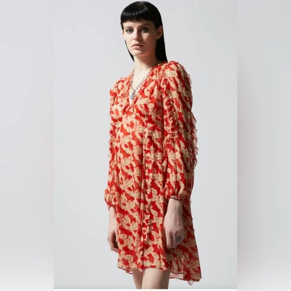 The Kooples Dress Red Long Sleeve Floral Print Size M/L